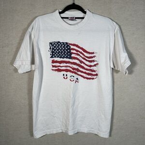 Vintage 90s USA TND Tornado Activewear White T-Shirt Men’s Large American Flag